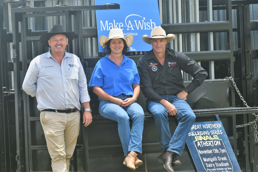 James Fisher from NQ Agricultural Services Tolga who are a major partner in the Atherton event, Dallas Roesler from Make a Wish Australia and NQ Rodeo Entertainment’s Peter Brown check out the Atherton set up for this Saturday’s bull ride.