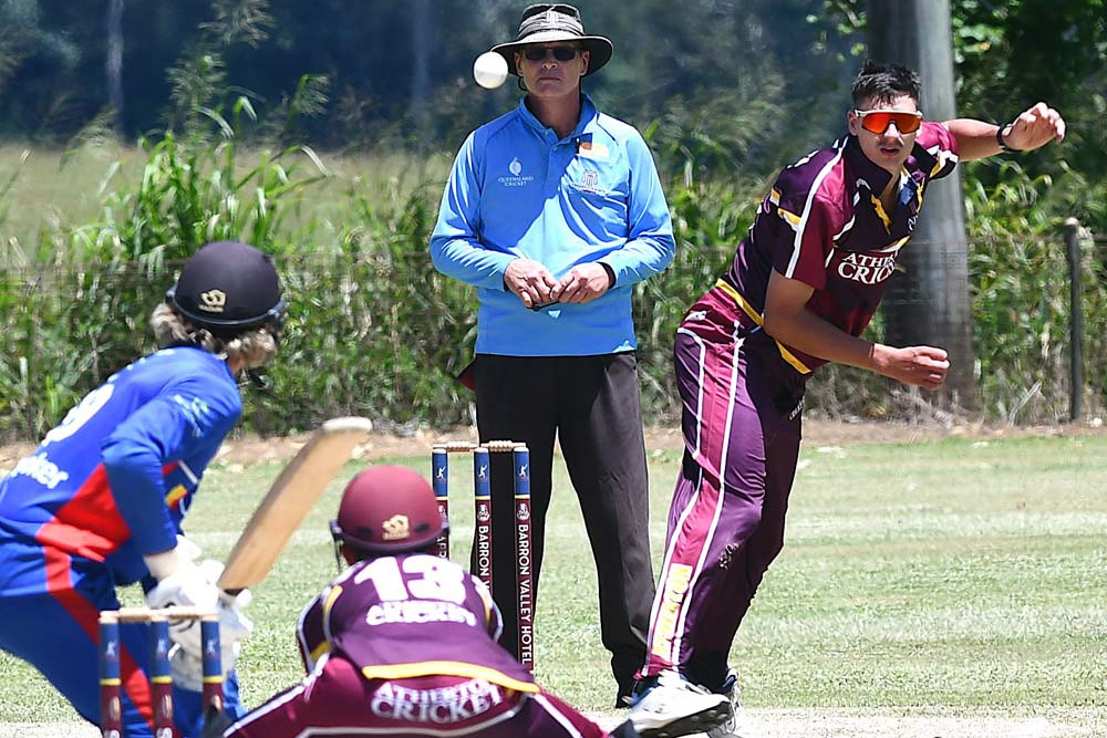 Atherton bowler Brandon Green in their high-scoring match against Barron River.