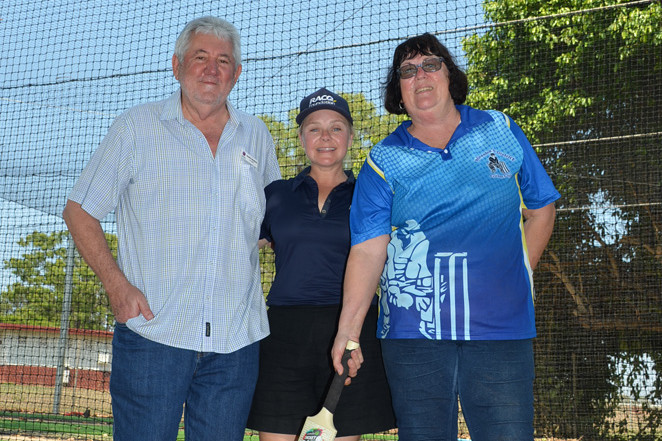 Mareeba Shire Councillor Mario Mlikota, RACQ Foundation’s Bridgette Muller and cricket club president Irene Roy in front of the new cricket training nets.