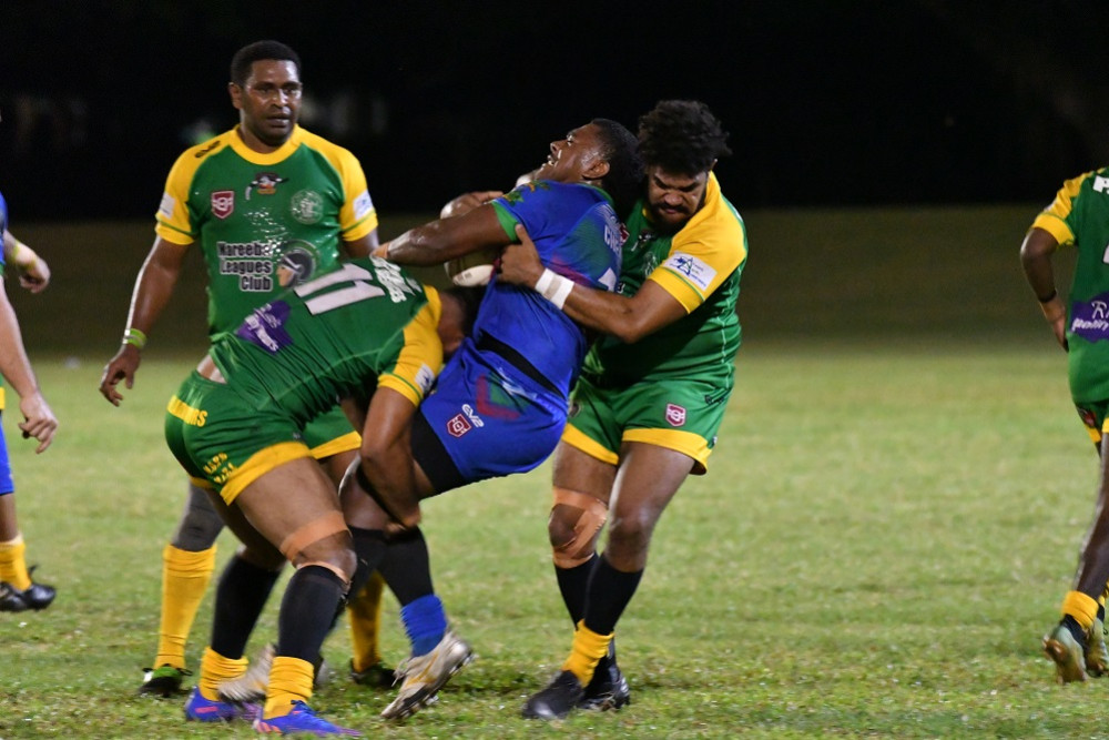 Mareeba Gladiators Afoa Fangupo and George Major taking down Innisfail’s Tevita Murimurivalu in Saturday night’s match-up.
