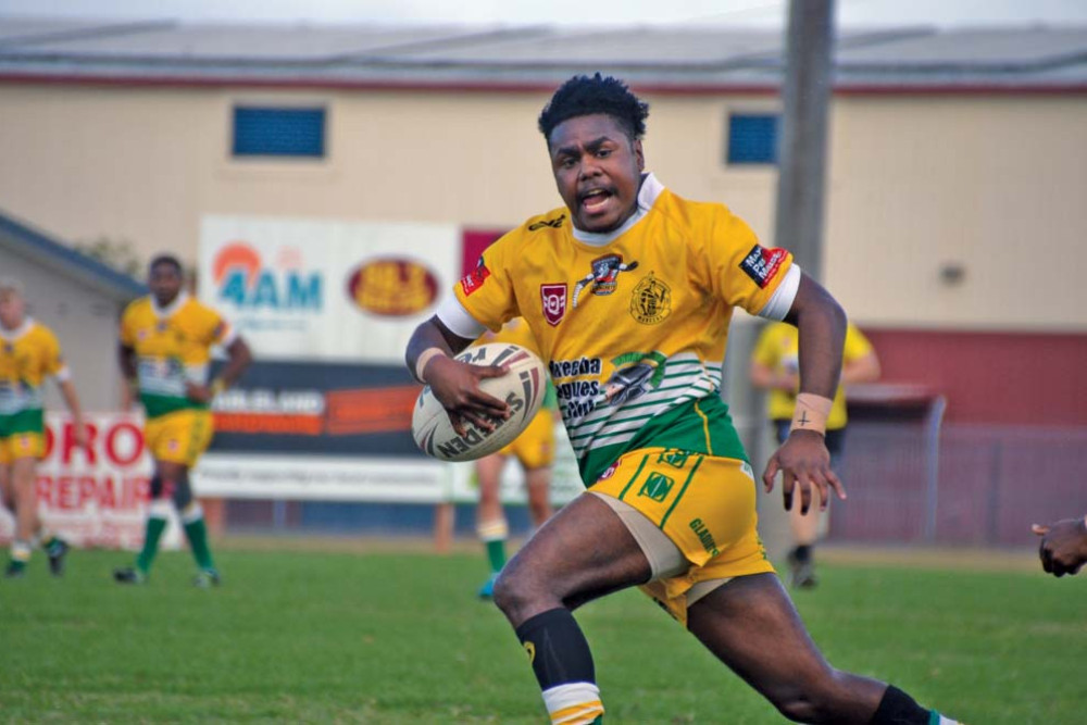 Gladiators’ Hubert Elu races towards the try line for one of three he notched up in the game against Tully, earning him Man of the Match.
