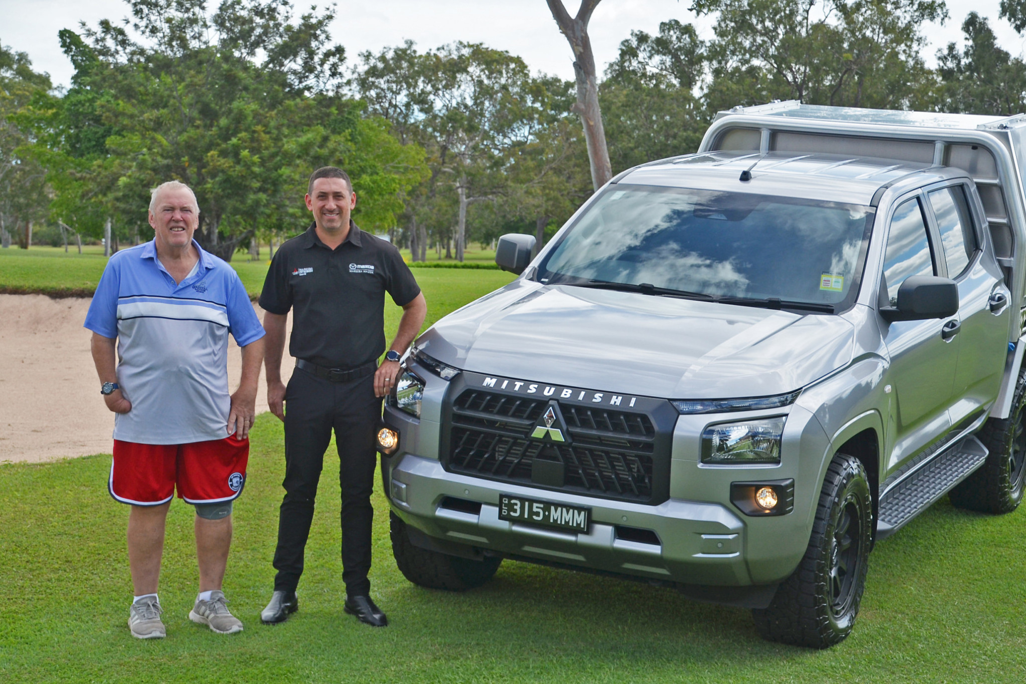 Mareeba Golf Club staff member Brian Callow, and Mareeba Mazda and Mitsubishi’s David Mete are eagerly awaiting the Mitsubishi Classic.
