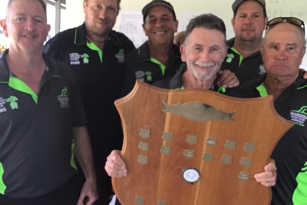 Mareeba Golf Club FNQ Pennants B Grade winners Wes Firth, Anthony Van Saane, Grant Cupitt, Ben Sowden, Charlie Bewick and Michael Blunt holding their trophy.