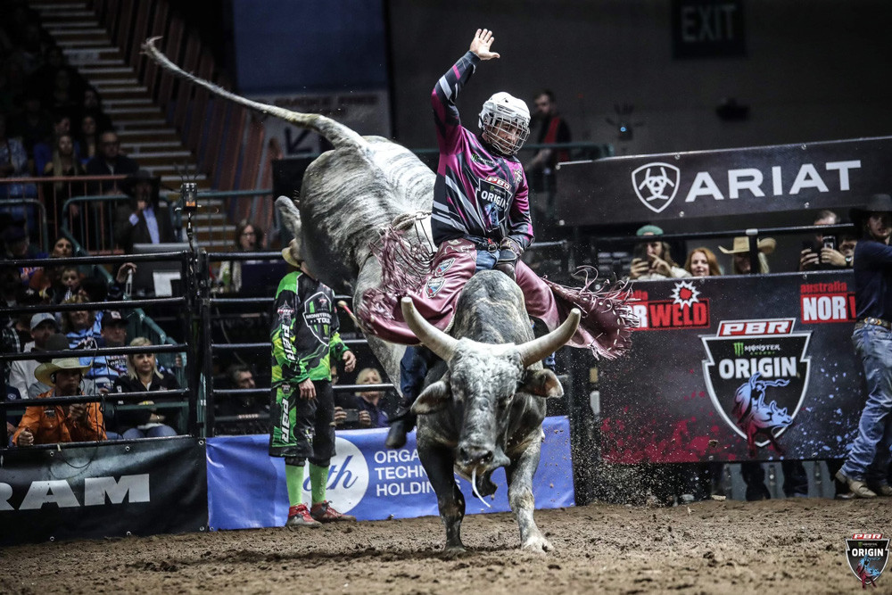 Mareeba’s Kurt Sheppard in action during Team Queensland’s win over New South Wales in the first event of the 2023 PBR (Professional Bull Riders) Australia Monster Energy Origin Series on Saturday night. Photo supplied