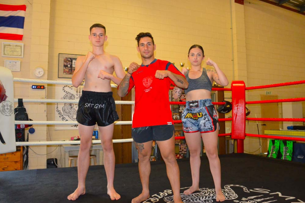 Mareeba muay thai fighters Jye Whibberley and Shakayla Pedrola with trainer Salvatore Signorino will be heading down south to compete in the Rumble on the Ridge promotion.