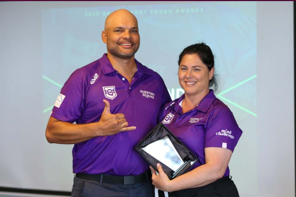 QRL North wellbeing operations manager Coco Quirke with Support Squad award winner Megan Hendle. Photo: Jacob Grams/QRL