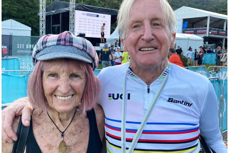 John Leslie donned his gold medal and enjoyed the win with his partner Beverley after the race.
