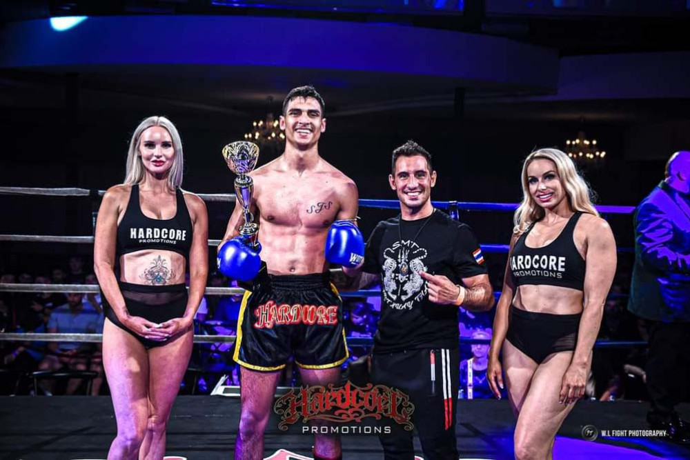 Mareeba Muay Thai fighter Casey Grogan, pictured with coach Salvatore Signorino, came out on top at the Hardcore Promotion in Melbourne. (Photo: Supplied).
