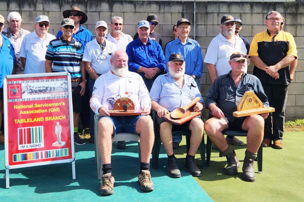 Nasho Shoot Trophy winners (seated) John Lindsay (left), Len Barbagallo and Rusty Vonarx, with the rest of the competitors from the shoot.