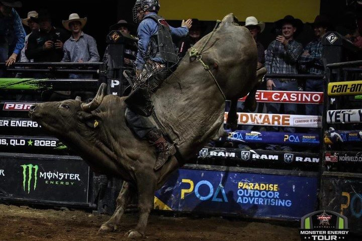 Jake Curr (pictured) tied ladder leader Aaron Kleier for first at the Professional Bull Riding Series Cairns invitational on Saturday night.