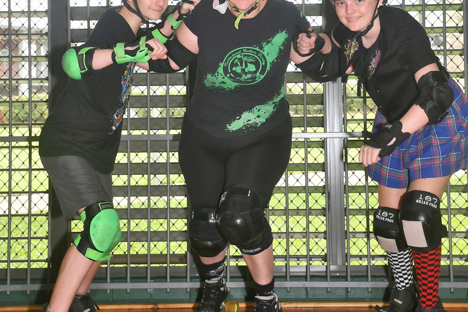 Callum Cox, Jennifer Cox, Lisa Nobbs geared up for some roller derby action.