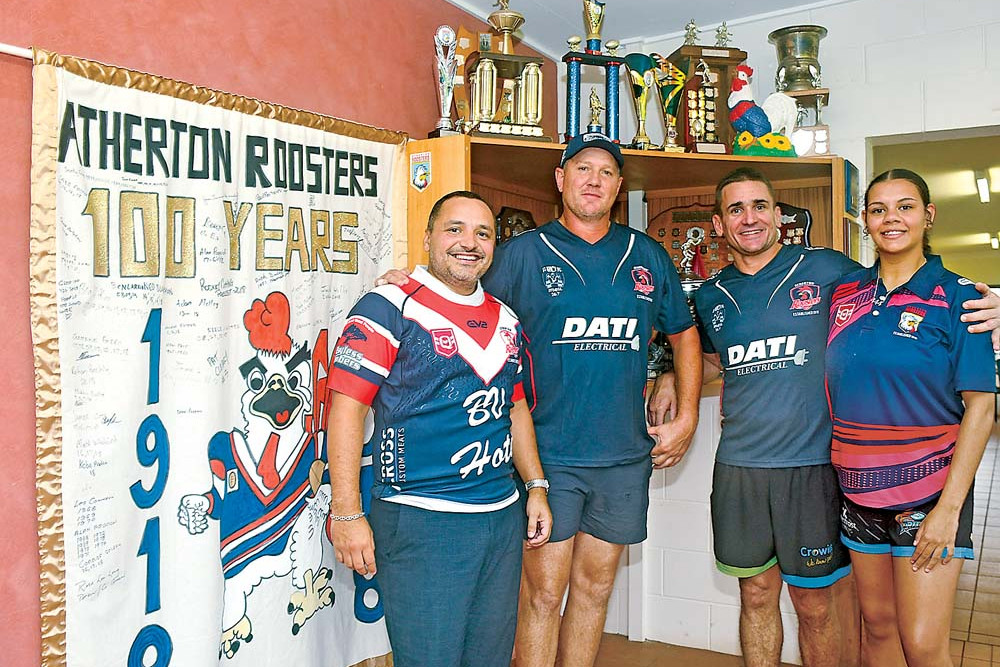 Director LJ Hooker Atherton, Albi Homann (left), Senior Roosters President Paul Pensini, A Grade Head Coach Joel Riethmuller and Senior Roosters Ladies Team Captain Mayleen Oppermann.