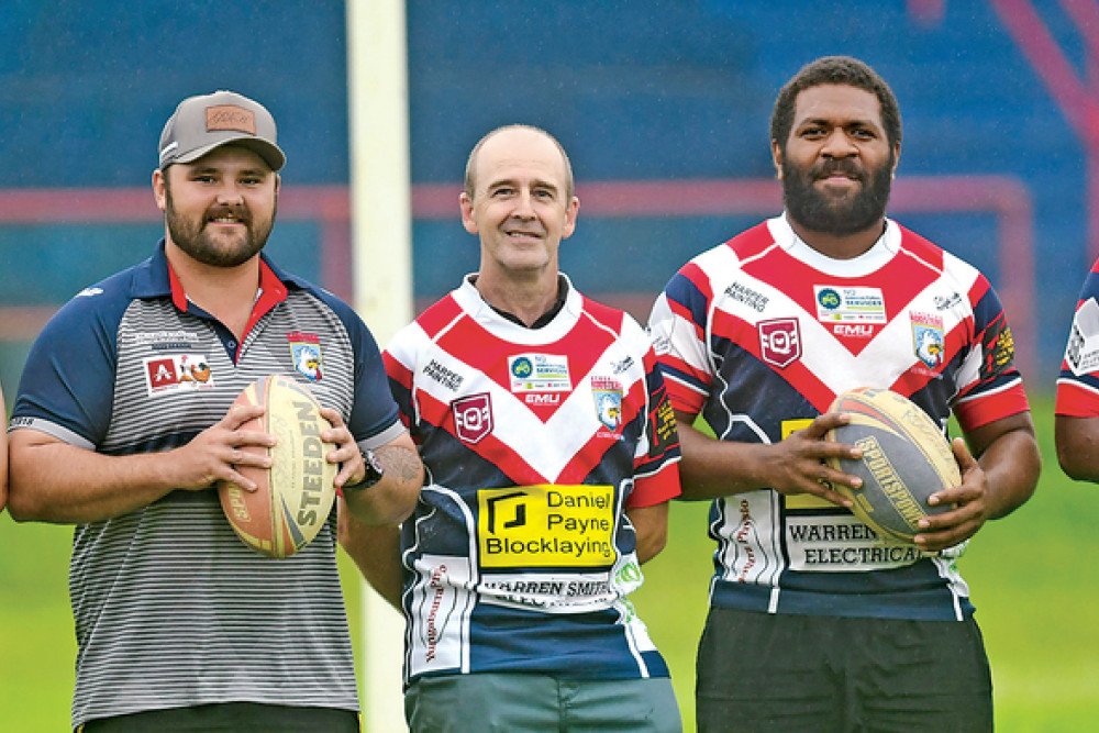 Ready for the new season at the Senior Roosters are Anthony Curcio (assistant under 18 coach), Loky Payne (reserve grade coach), Barry Dikes (under 18 coach), new prop forwards Aminiasi Momo and Akuila Tuvakaikoya