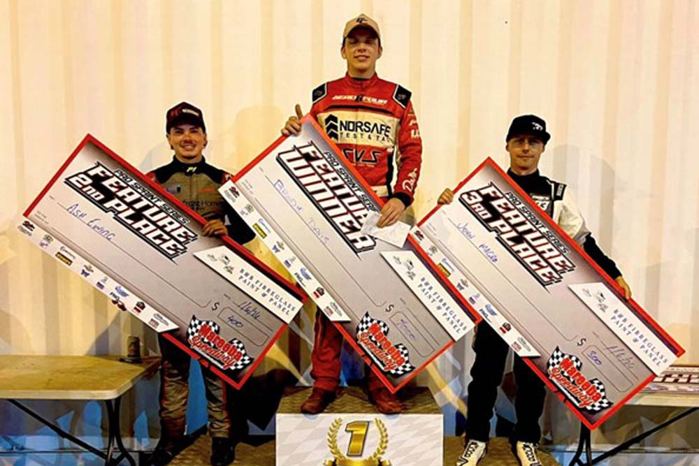 Pro Sprintcars winners Brodie Davis (centre), second place Ash Ewing (left) and John Magro (right).
