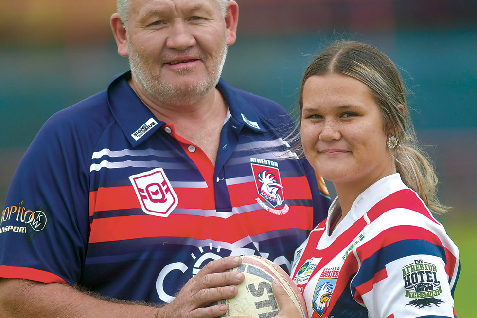 Atherton Roosters women’s coach Paul Stephens with his daughter Mackenzie who is playing for the newly established team