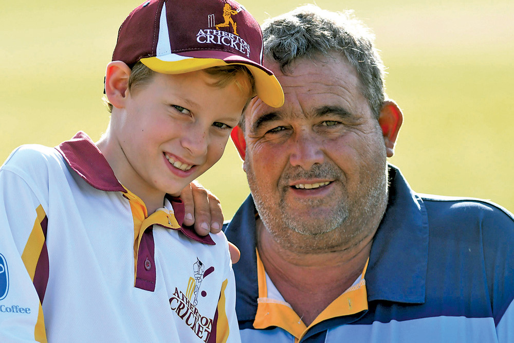 Atherton Cricket Club president Tony Potts with young Atherton cricketer Will Watson who has been chosen as the team mascot for the U16s Bulls Masters Youth Cup side due to play in Cairns this weekend