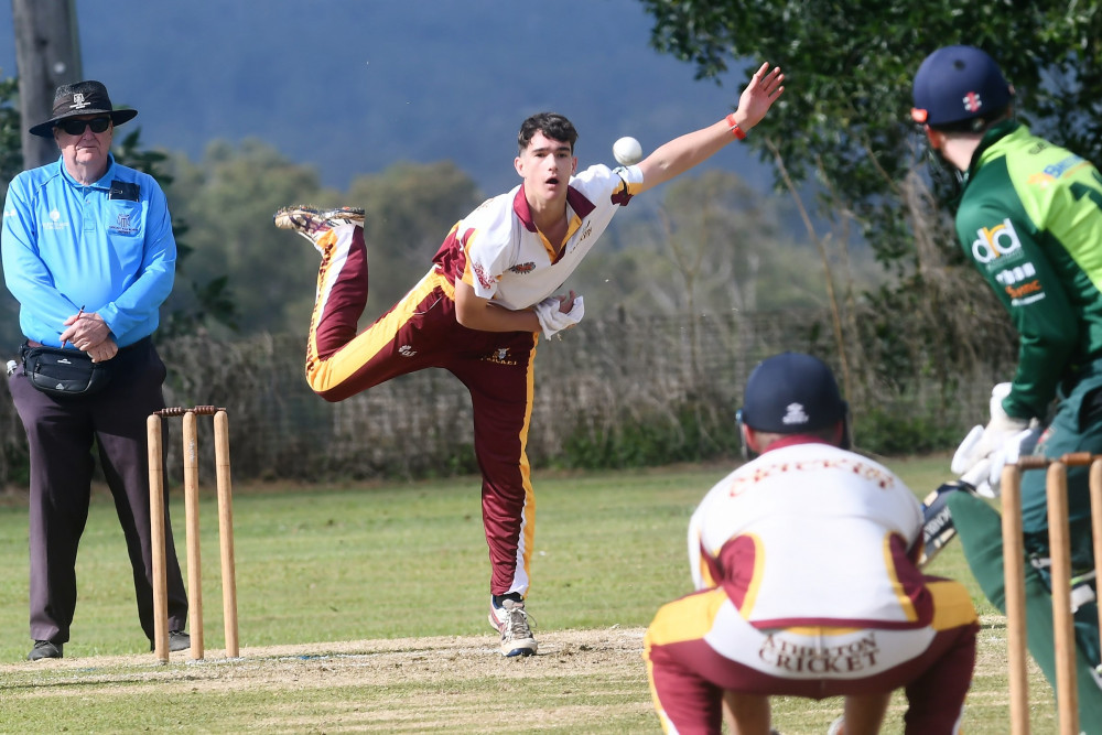 Atherton bowler Tate Coghlan at Loder Park on Saturday.