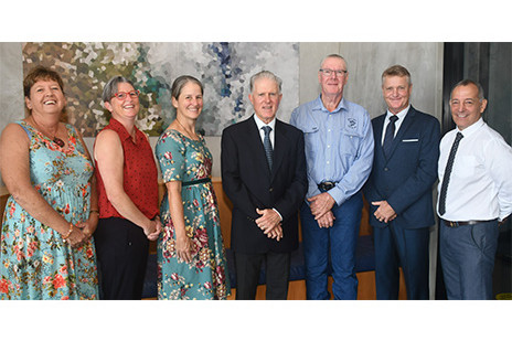 NEW COUNCIL: Pictured (from left) are Cr Annette Haydon (Division 2), Cr Kylie Lang (Div 6), Maree Baade (Div 4), Mayor Rod Marti, Cr Kevin Cardew (Div 1), Cr Dave Bilney (Div 3), and Cr Con Spanos (Div 5).
