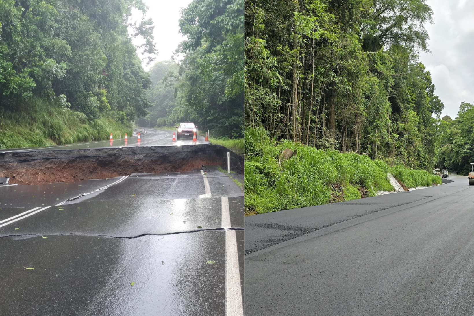 The Palmerston Highway re-opened on Saturday after extreme rainfall from ex-Tropical Cyclone Jasper caused the road to drop by two metres (below).