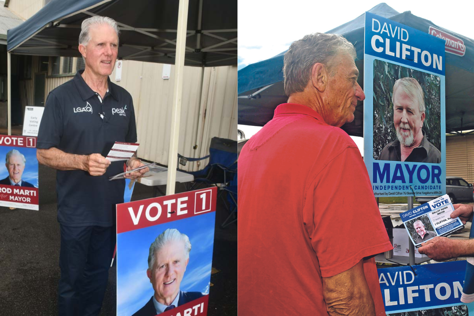 MAYORAL RACE: Rod Marti and David Clifton were both busy at pre-polling booths last week as they vie to become Tablelands Regional Council's mayor.