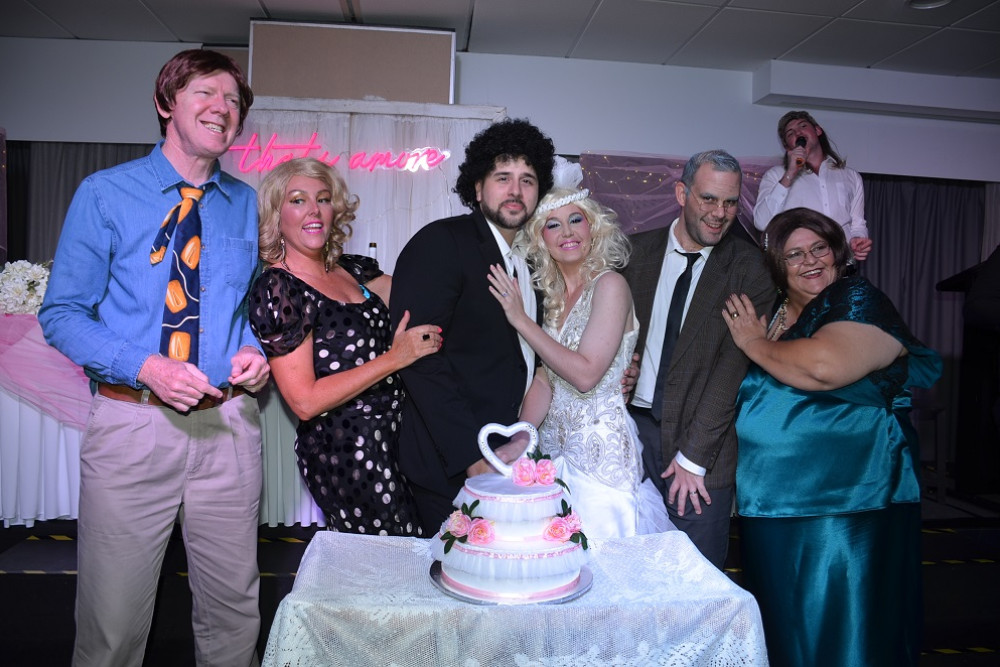 Mareeba Theatre Group performers in the premiere of Shezza and Leo Get Married at The Benson Hotel in Cairns last Thursday. Pictured is the bride and groom with their parents.
