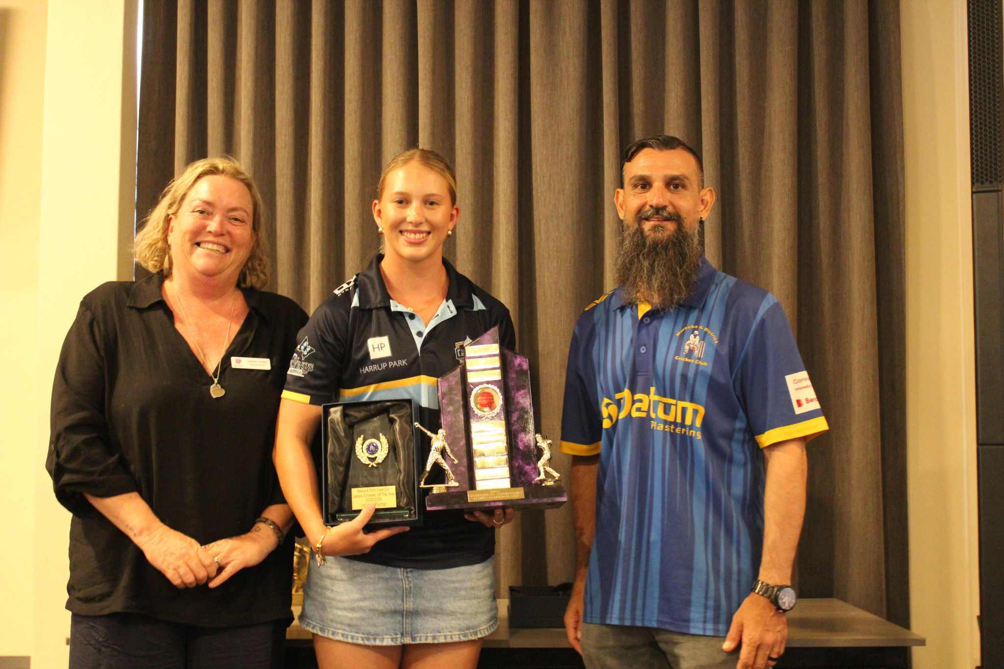 Female Cricketer of the Year Indiana Palmer with presenter Mareeba Deputy Mayor Lenore Wyatt and Remo Esposito.