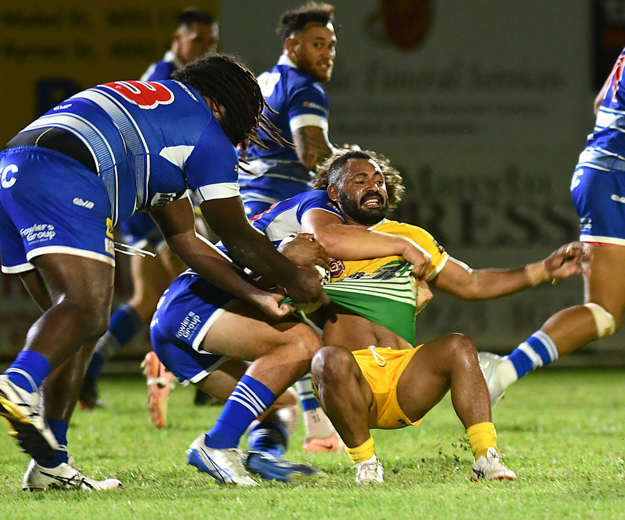 Gladiators winger Joe Shadrick gets tackled.
