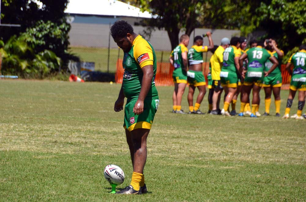 Man of the Match Tyrone Williams setting up for one of his conversions on the weekend.