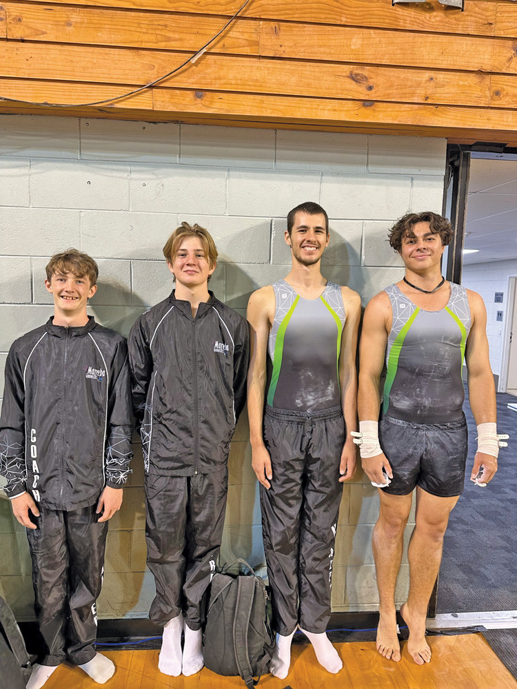 1.	Mareeba’s male gymnasts Oliver Hampton, Myles Dobbs Brown, Frank Tulloch and Andrew Hawthorn competed at the state championships with pride.