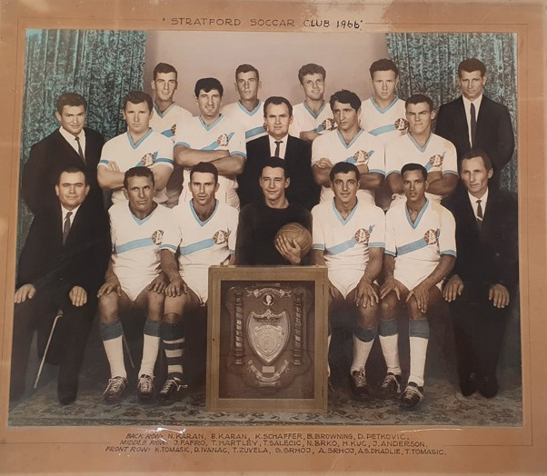 The 1966 Stratford Dolphins Crad Evans Shield winning side. Back row from left: N. Karan, B. Karan, K. Schaffer, B. Browning, D. Petkovic. Middle row from left: J. Fafro, T. Hartley, T. Salecic, N. Brko, H. Kuc, J. Anderson. Front row from left: K. Tomasic, D. Ivanac, T. Zuvela, S. Srhoj, A. Srhoj, A.S. Dhadlie, T. Tomasic.