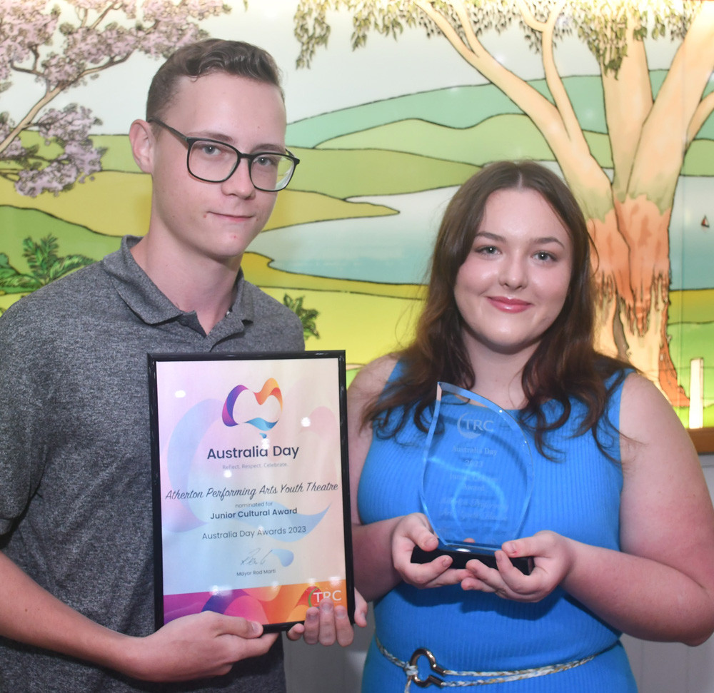 The Junior Cultural Award was won by Atherton Performing Arts and accepted by Kye Ghelfi (left) and Kshama Moon.